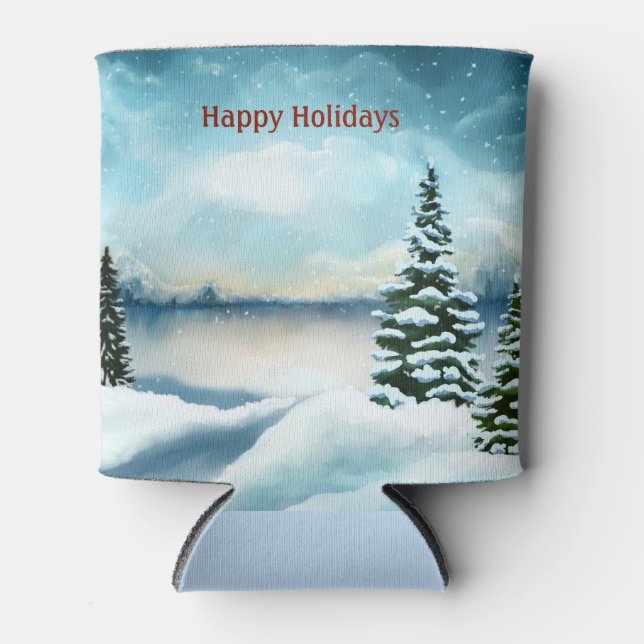 Porta-lata Pinheiros nevados perto de um lago (Frente)