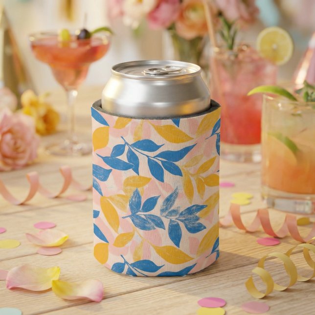 Porta-lata Pink, Blue, and Yellow Lithograph Floral Wedding (Pink, Blue, and Yellow Lithograph Floral Wedding Can Cooler)