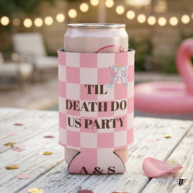 Porta-lata Pink Check "Til Death Do Us Party" Wedding Bachelo (Criador carregado)