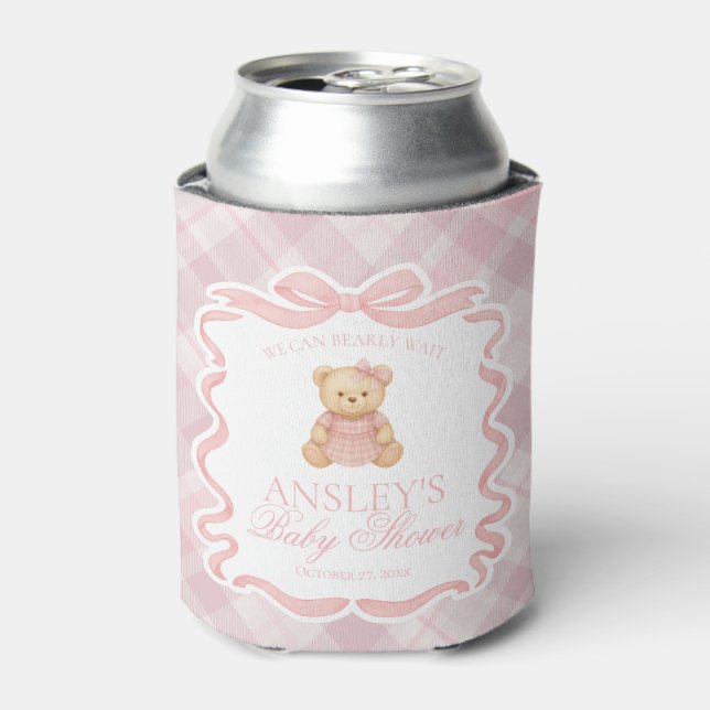 Porta-lata Pink Coquette Bow Bear Tartan Baby Shower Favor (Can Front)