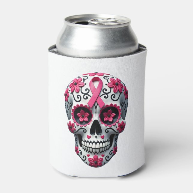 Porta-lata Pink Ribbon Sugar Skull Calavera Breast Cancer Awa (Can Front)