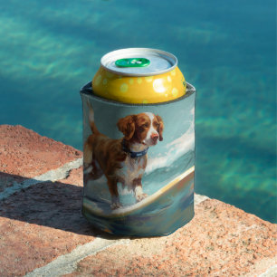 Porta-lata Pintura de Surf na Praia com Brittany Spaniel