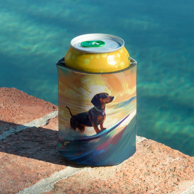 Porta-lata Pintura de surfe na praia de Dachshund (Piscina in situ)