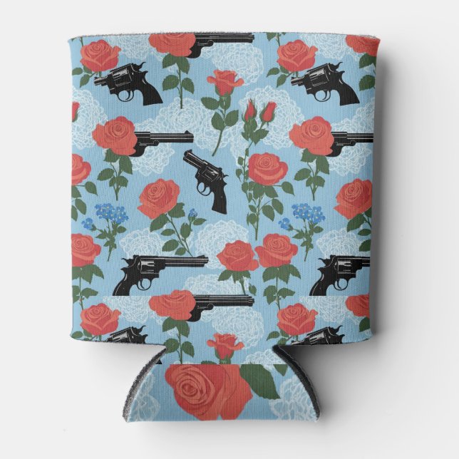 Porta-lata Pistolas e Rosas Lacy Floral em Azul (Frente)