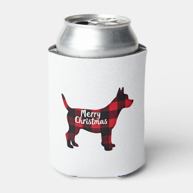 Porta-lata Pomsky Christmas Dog Mom Dad Plaid Gift T-Shirt (1 (Can Front)