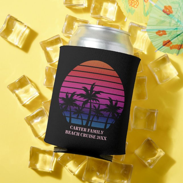 Porta-lata Pôr do Sol na Praia Tropical de Férias Preto Rosa  (Verão in situ)