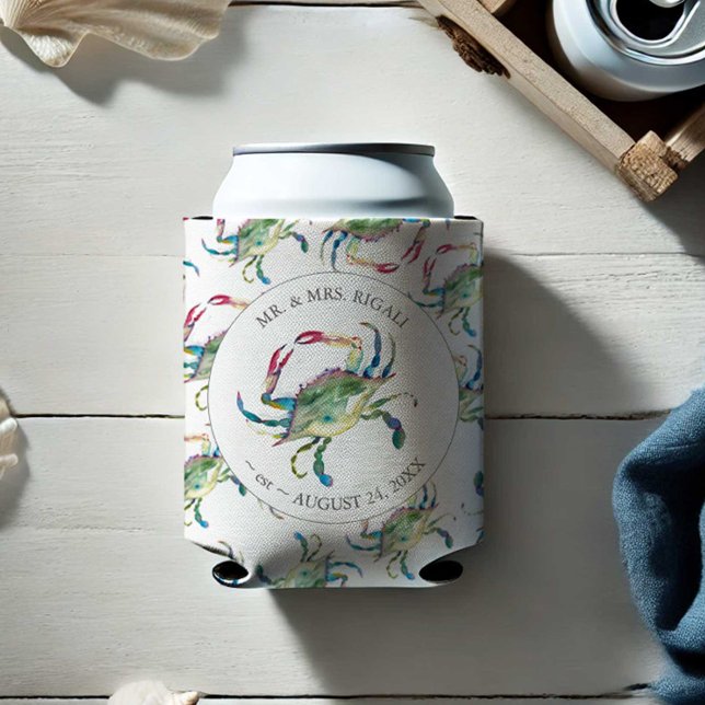 Porta-lata Praias Personalizadas De Arrefecimento (Beach wedding can coolers watercolor crab art by Victoria Grigaliunas Do Tell A Belle Personalized)