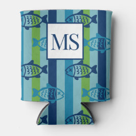 Porta-lata Preppy Coastal Fish Green Blue Stripe