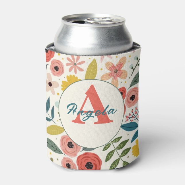 Porta-lata Pretty Blush Pink Floral Botanical Monogram  (Can Front)