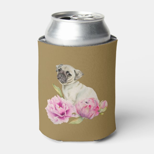 Porta-lata Pug e Peonias | Adicione seu nome (Can Front)
