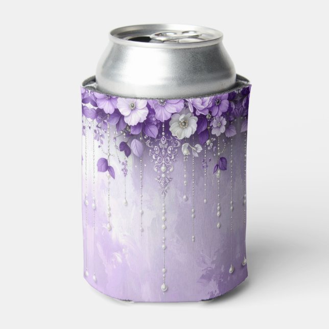 Porta-lata Purple Flowers with Dangling Pearls Can Cooler (Can Front)