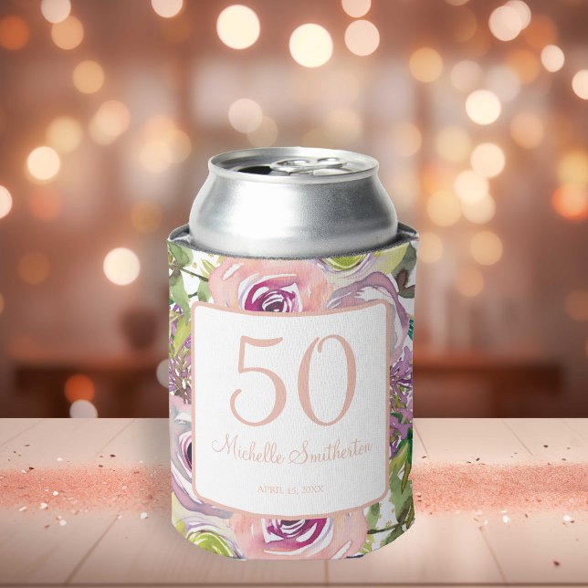 Porta-lata Púrpura Rosa Dourada, Floral, Brilhante 50º Aniver (Pink and purple watercolor floral 50th birthday party can cooler)