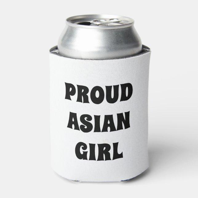 Porta-lata Rapariga Asiática Orgulhosa, Branca Negra Fria (Can Front)