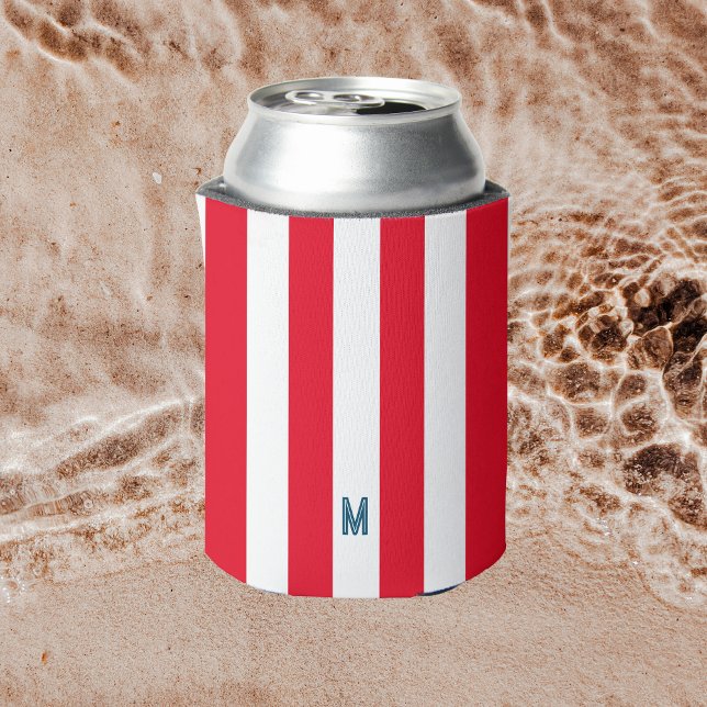 Porta-lata Red Cabana Stripe & Personalizado Monograma de Mar (Criador carregado)