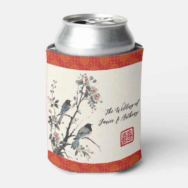 Porta-lata Red flower bird oriental Chinese wedding (Can Front)