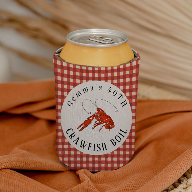 Porta-lata Red Gingham Crawfish Festa do Mar (Crawfish illustration classic red gingham crawfish boil can cooler.)