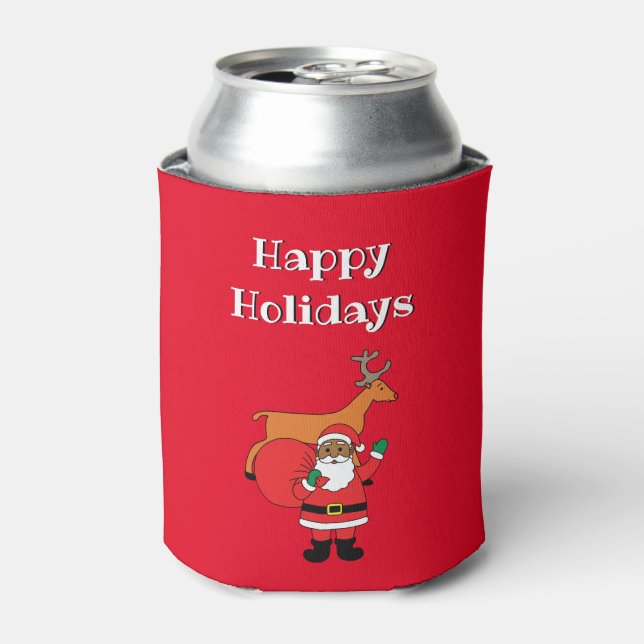 Porta-lata Red Happy Holidays afro-americano Papai Noel (Can Front)