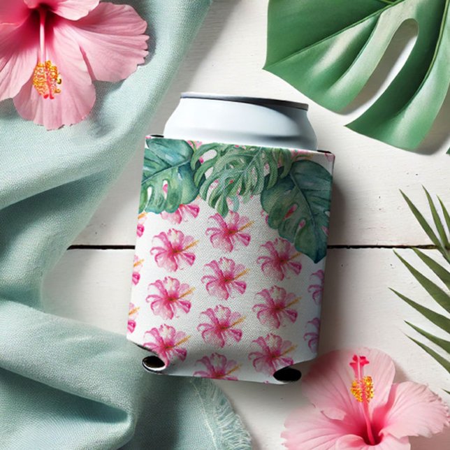 Porta-lata Refrigeração de latas Tropicais (Can cooler tropical pink hibiscus flowers and monstera palm leaf watercolor art Victoria Grigaliunas)
