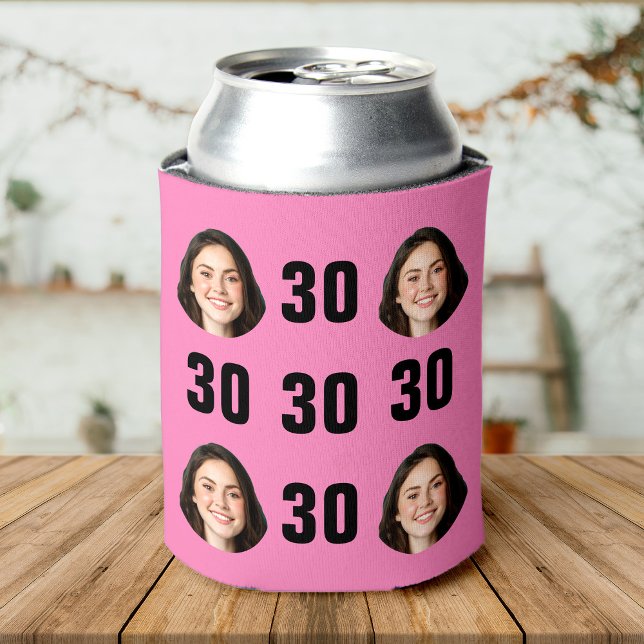 Porta-lata Retro Legal de Fotografia de aniversário de 30 ano (A pink beer sleeve with five black "30" numbers and four smiling face photos evenly arranged.)