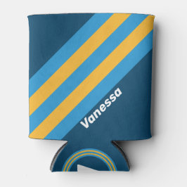 Porta-lata Retro Navy Blue Stripes with Name