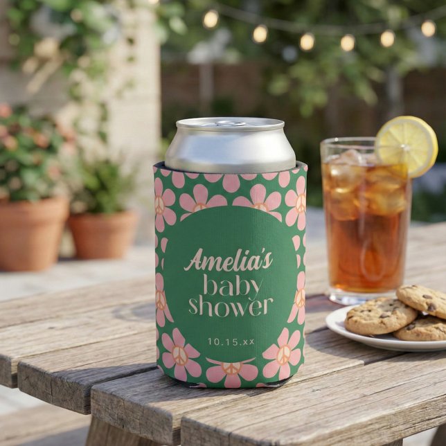 Porta-lata Retro Peace Sign Flower Green Pink Baby Shower  (Criador carregado)