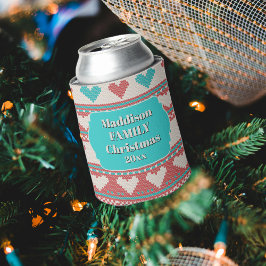 Porta-lata Retro Ugly Christmas Sweater Aqua Blue Red Hearts