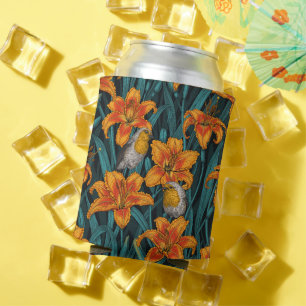Porta-lata Robins e flores, cor de laranja e azul