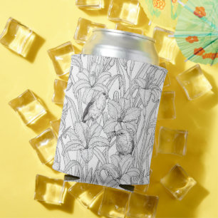 Porta-lata Robins e flores, preto e branco