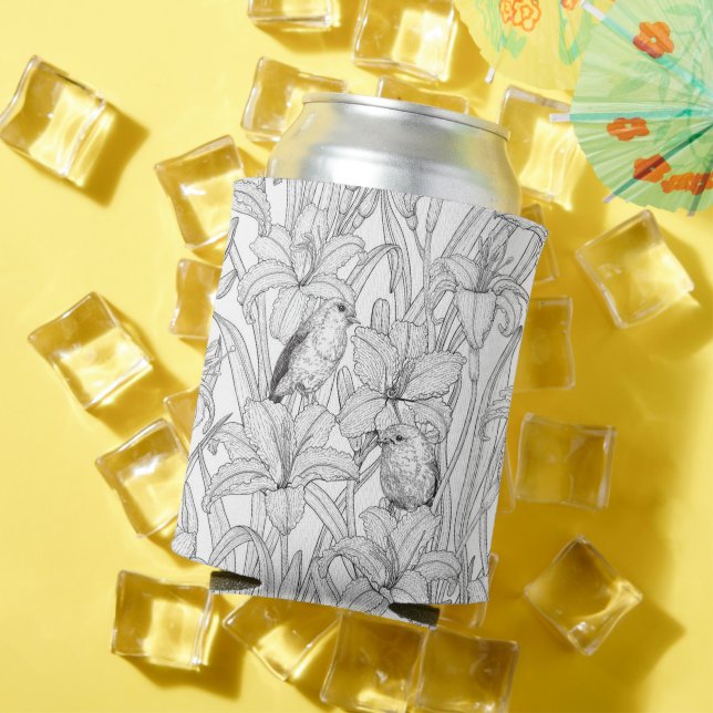 Porta-lata Robins e flores, preto e branco (Verão in situ)