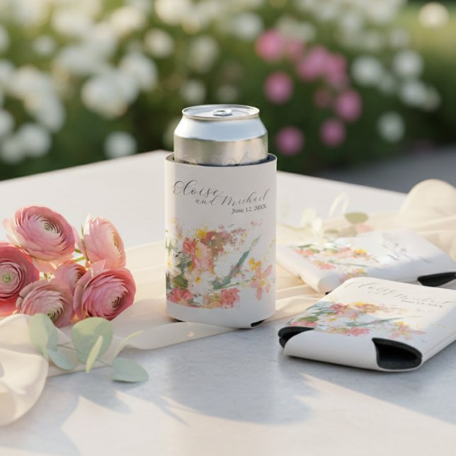 Porta-lata Romantic Blush Painted Floral Wedding (Romantic Blush Painted Floral Wedding Can Cooler)