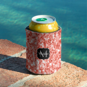 Porta-lata Rosa coral escuro com brilho de glitter monograma