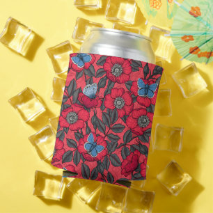Porta-lata Rosa de cão e borboletas em vermelho e azul