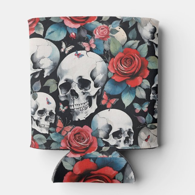 Porta-lata Rosas de crânio e borboletas em preto (Traseira)