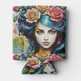 Porta-lata Rosto de Garota com Estilo de Aquarela de Rosas