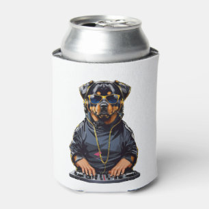 Porta-lata rottweiler Dog Dj com roldanas e fones de ouvido
