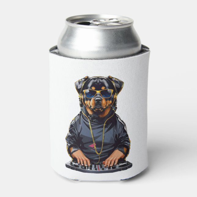 Porta-lata rottweiler Dog Dj com roldanas e fones de ouvido (Can Front)