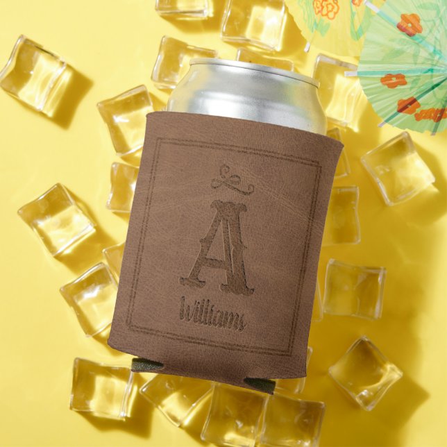 Porta-lata Rustic Brown Faux Leather Custom Monograma Name (Verão in situ)