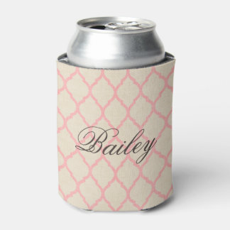 Porta-lata Rustic Linen Beige and Pink Quatrefoil Monograma