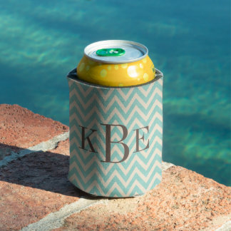 Porta-lata Rustic Linen Beige e Aqua Chevron Monograma