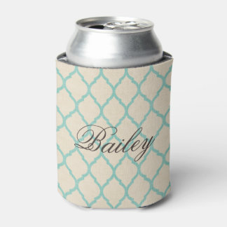 Porta-lata Rustic Linen Beige e Aqua Quatrefoil Monograma