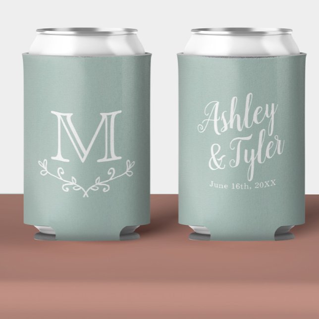 Porta-lata Sage Green Custom Monogramed Wedding Favor Beer (Criador carregado)
