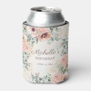 Porta-lata Sage Verde Folhas Flor Rosa Aniversário