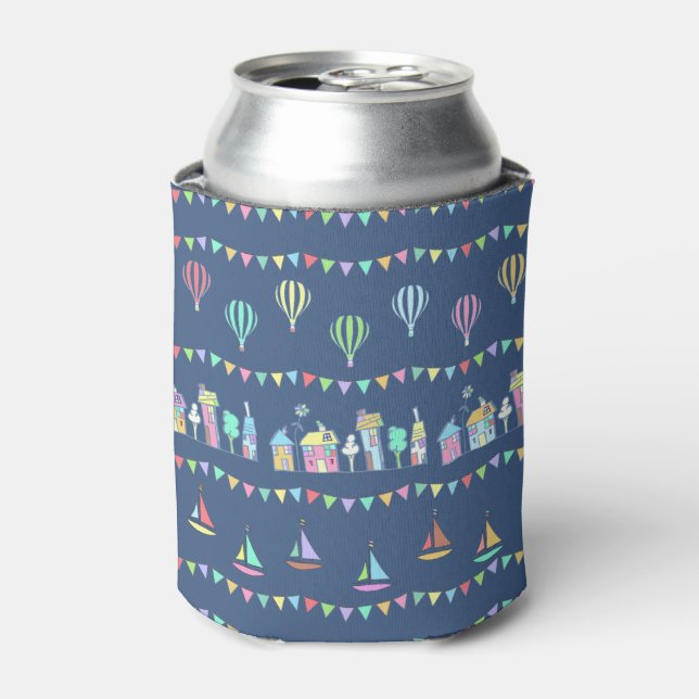 Porta-lata Seaside Town Sail Boats and Bunting Pattern Blue (Can Front)