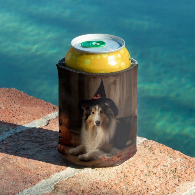 Porta-lata Shetland Sheepdog Pumpkins Halloween Assustado (Piscina in situ)