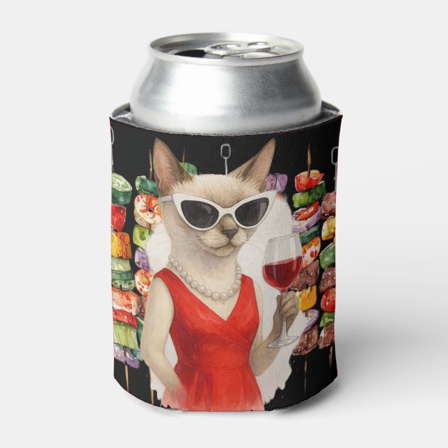 Porta-lata Siamese Cat Drinking Wine at Barbecue Party  (Can Front)