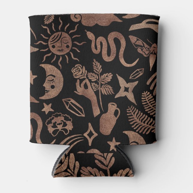 Porta-lata Símbolos místicos: cobra, sol, lua. (Frente)