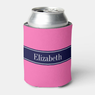 Porta-lata Solid Hot Pink #2, Navy Blue Ribbon Name Monogram