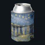 Porta-lata Starry Night Vincent van Gogh<br><div class="desc">Algodão em Cordeville. Vincent Willem van Gogh. Paisagem noturna em tons azuis e amarelos escuros. Há uma ponte sobre o rio. No primeiro plano,  um homem e uma mulher caminham pelo cais. As estrelas estão brilhando no céu. Reprodução de famosas imagens de arte no dominio público.</div>