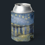 Porta-lata Starry Night Vincent van Gogh<br><div class="desc">Algodão em Cordeville. Vincent Willem van Gogh. Paisagem noturna em tons azuis e amarelos escuros. Há uma ponte sobre o rio. No primeiro plano,  um homem e uma mulher caminham pelo cais. As estrelas estão brilhando no céu. Reprodução de famosas imagens de arte no dominio público.</div>