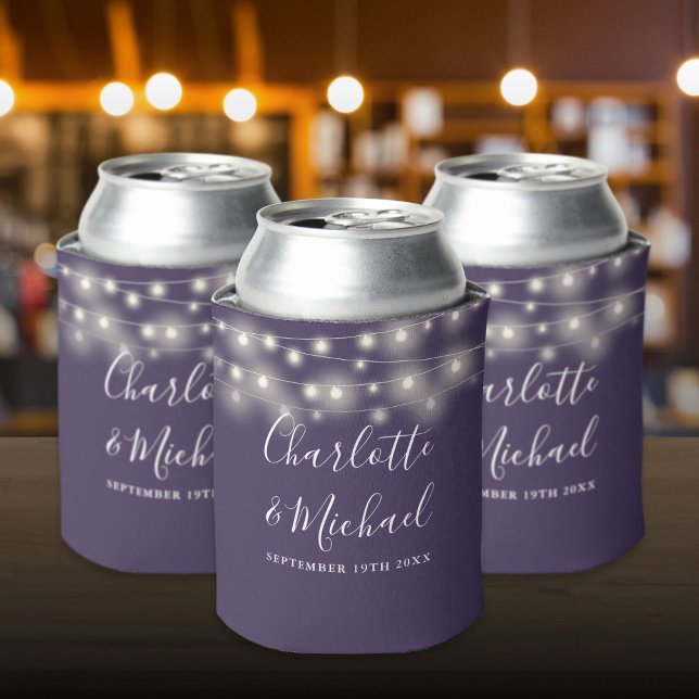 Porta-lata String Lights Signature Purple Weding (String Lights Signature Script Purple Wedding Can Cooler)